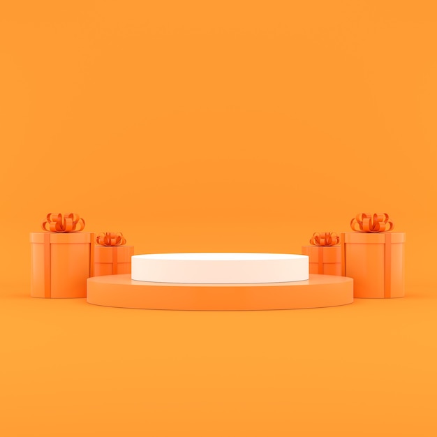 Geometric shape podium and gift boxes with orange color tone Copy Space for product presentation display