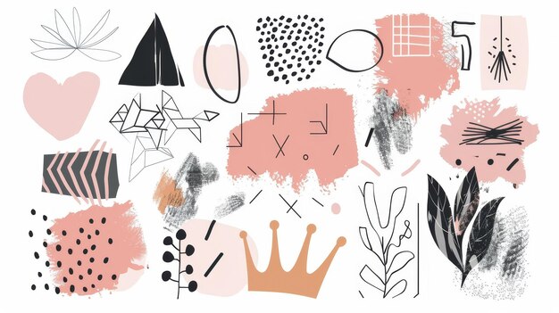 Geometric shapes balances Zen composition Soft gradients and textures Triangles hearts crowns pastel pencil and marker textures Modern collection of pack poster elements