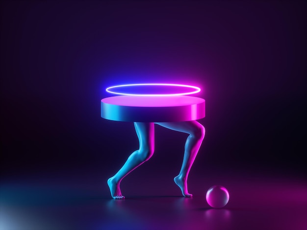 Geometric shapes and black human model legs illuminated with pink blue neon light