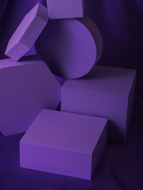 Geometric shapes deep purple stand podium mockup for product display on silk textile background