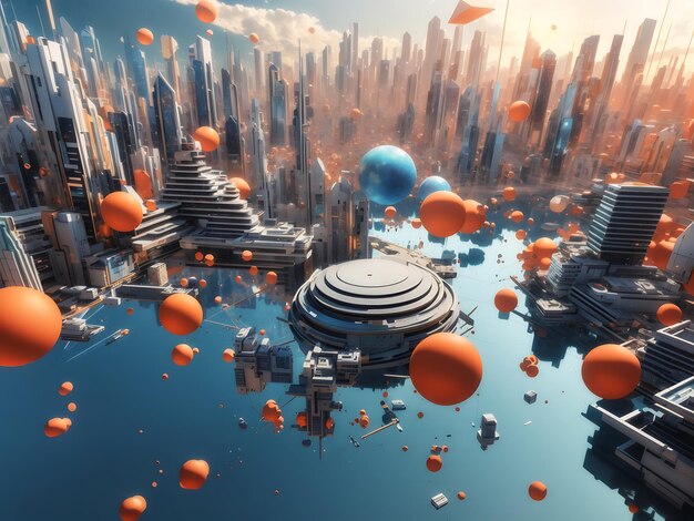 Photo geometric shapes floating in a surreal and futuristic cityscape