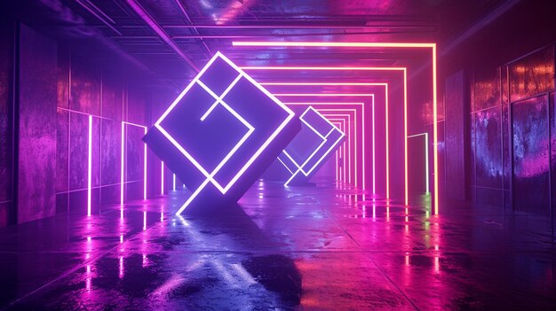 Geometric shapes illuminated by vibrant neon lights capture background