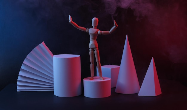 Geometric shapes puppet with smoke in redblue light on a black background Concept art minimalism