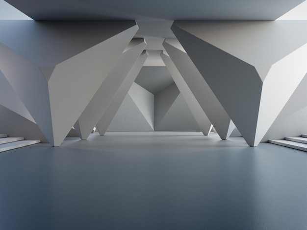 회색 콘크리트 바닥 추상 건축 디자인 3d 그림에 기하학적 모양 구조