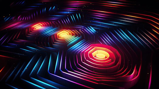 Photo geometric shapes with neon spiral lines top view