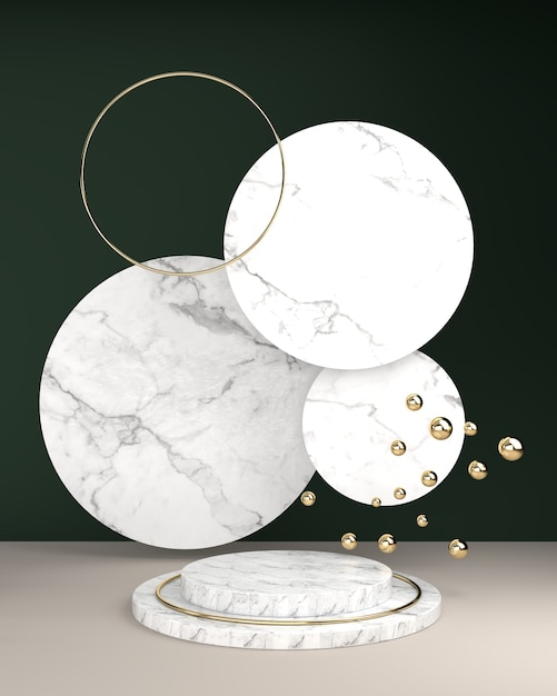 Geometric square marble texture, spherical balls and oval frame gold surface on a green backdrop