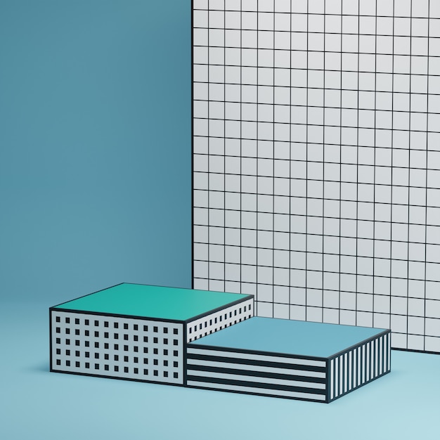 Photo geometric stage patterned platforms for product display presentation on blue patterned background