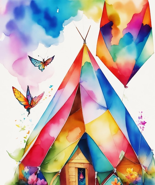 geometric tent cottage paradise butterfly flowers rainbow fluffy paint on paper HD watercolor image