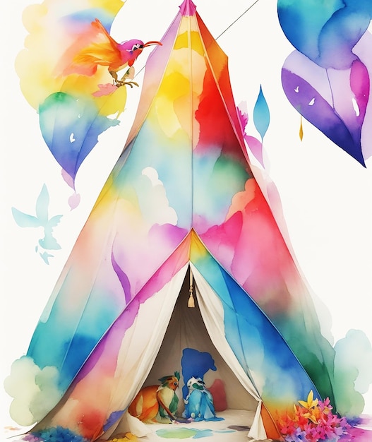 기하학적 텐트 코티지 파라다이스 나비 꽃 종이에 무지개 솜털 페인트 HD 수채화 이미지