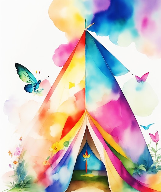 geometric tent cottage paradise butterfly flowers rainbow fluffy paint on paper HD watercolor image