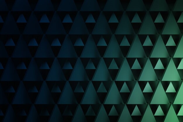 Geometric triangle pattern in dark blue and green. Background with triangular repeating shapes with copy space. 