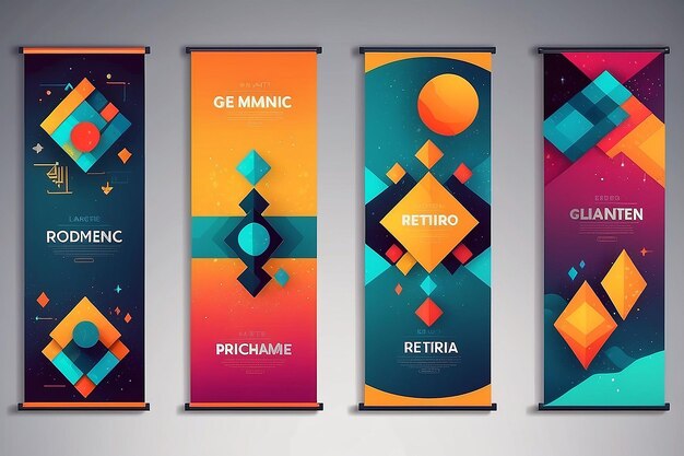 Photo geometric vector banners retrocolored set with memphis patterns