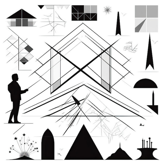 Geometric Vector Silhouettes Against the Sky On White B