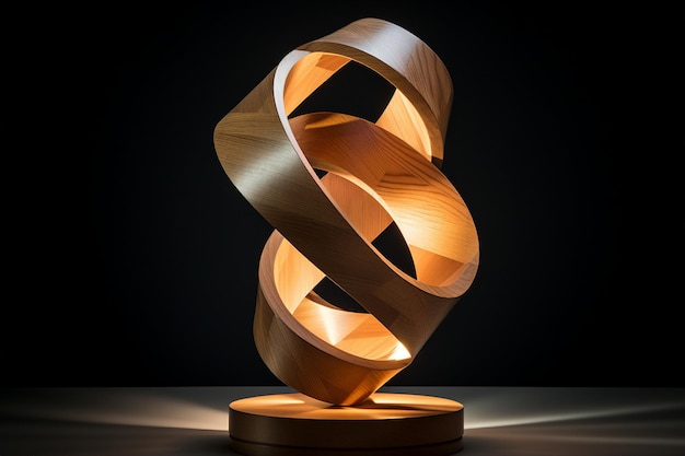 Geometric wood sculpture with a light inside of it on a standalone plinth