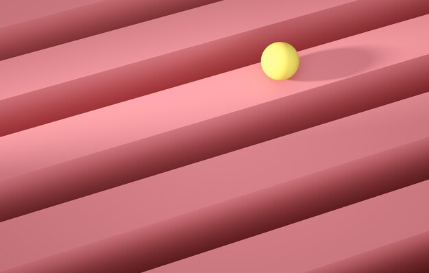 분홍색 줄무늬 위로 구르는 기하학적 노란색 구체입니다. 추상적인 배경 개념, 3d 렌더링
