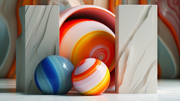 Geometrical background 3d graphic colorful balls on marble floor Orange blue gray Generative AI