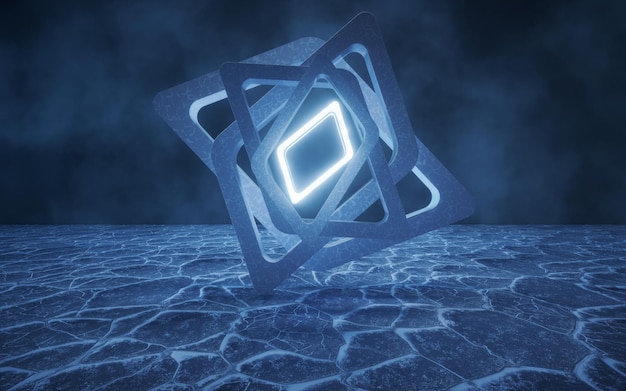 Geometrical frame with ice ground surface 3d rendering