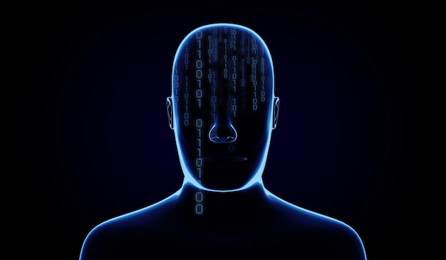 geometrical man face with binary code 3d illustration