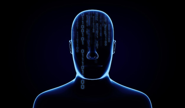 Photo geometrical man face with binary code 3d illustration