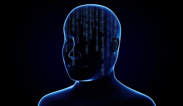 Geometrical man face with binary code 3D illustration