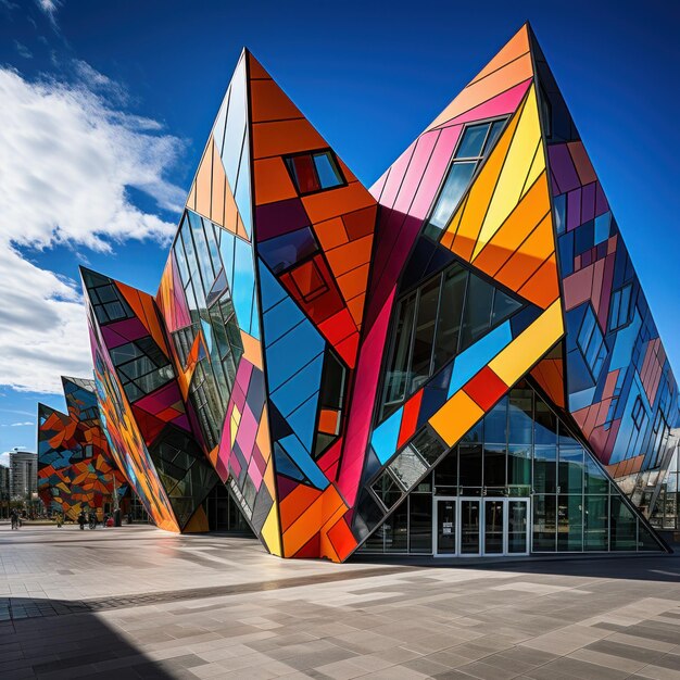 기하학적으로 설계된 건물, 날카로운 각도와 생동감 넘치는 색상