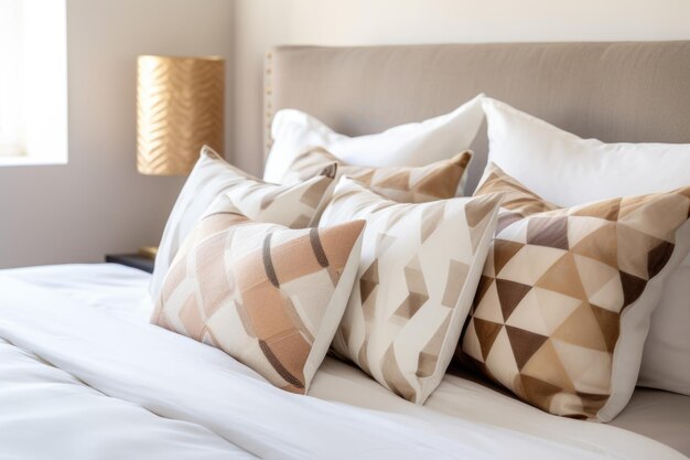 Geometrically placed pillows on a bed