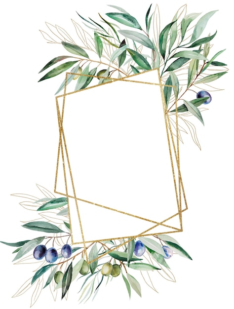 Geometrisch frame gemaakt van aquarel olijftakjes met bladeren en fruit bruiloft illustratie