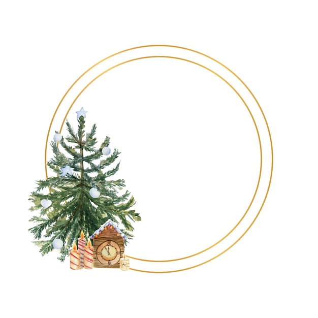 Geometrisch gouden frame met een kerstboom, kaarsen, hulstbloemen en winterdecor. Aquarel illustratie