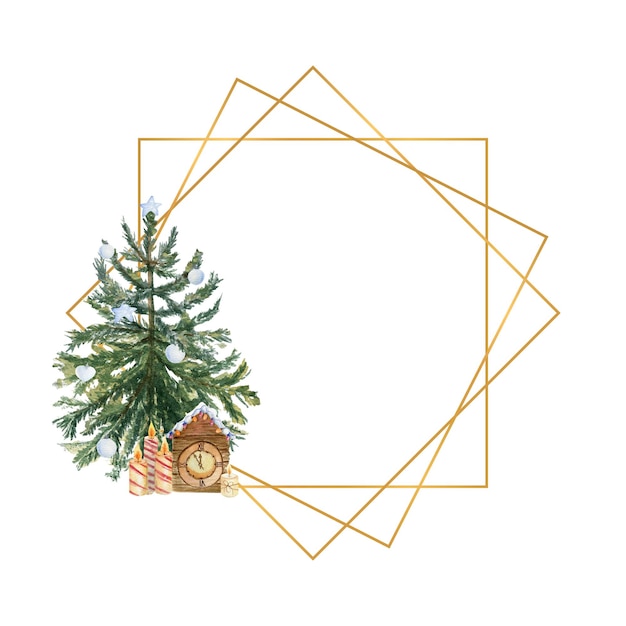 Geometrisch gouden frame met een kerstboom, kaarsen, hulstbloemen en winterdecor. aquarel illustratie