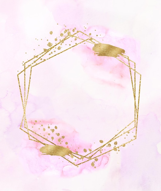Foto geometrisch gouden frame met illustratie van aquarelvlekken op roze achtergrond