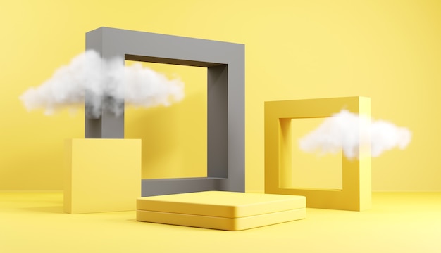 Geometrisch podium met wolk in gele en grijze achtergronden
