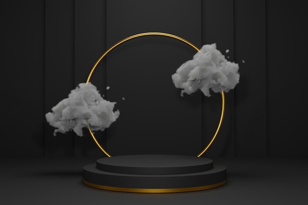 Geometrisch podium op een donkere achtergrond met gouden ringen en wolken 3D-rendering