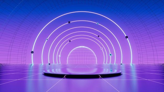 Foto geometrische achtergrond met veelhoekige structuur podium show producten gekleurde neonlichten retro sci fi