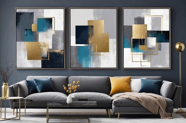 Geometrische moderne kunst grijs blauw goud abstracte print set