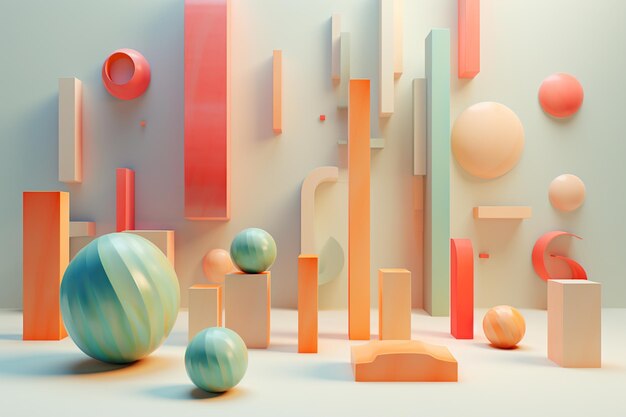 Geometrische speelsheid met een mix van 3D-vormen in pastelkleuren perfect voor dynamische visuele educatieve materialen of moderne ontwerpelementen Generatieve AI