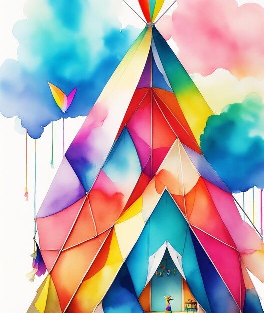 geometrische tent cottage paradijs vlinder bloemen regenboog pluizige verf op papier HD aquarel afbeelding