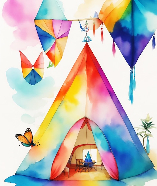 geometrische tent cottage paradijs vlinder bloemen regenboog pluizige verf op papier HD aquarel afbeelding