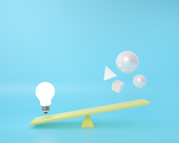 Geometrische vorm is op een balansbord met gloeilamp drijvend op een blauw.