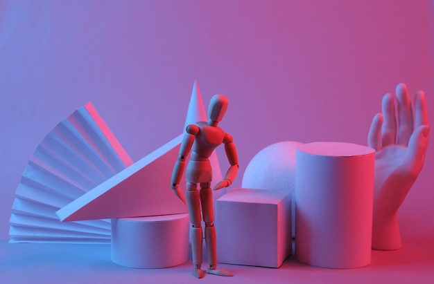 Geometrische vormen marionet en hand in roodblauw gradiëntlicht Creatieve showcase Surrealisme Concept art retro futurisme minimalisme