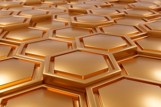 Geometrische zeshoeken goud metaal kleur luxe abstracte achtergrond met vervaging effect 3d render