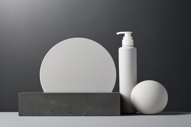 Geometry meets beauty a stunning presentation of cosmetic products on grey podium