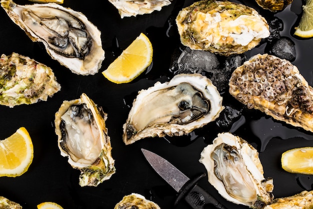 Geopend oesters, ijs en citroen op een zwarte ondergrond