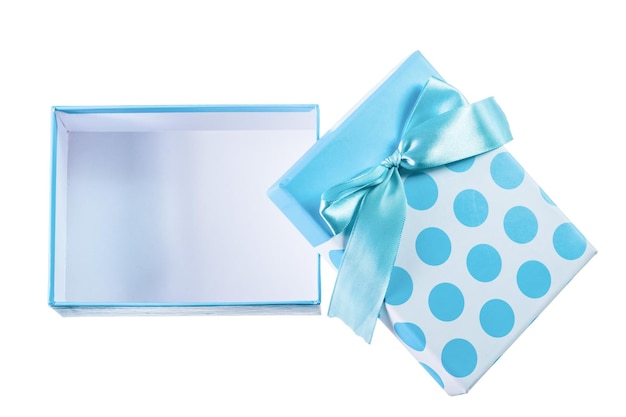 Geopende blauwe geschenkdoos met lint geïsoleerd op wit