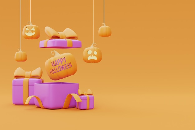 Geopende geschenkdozen met Halloween JackoLantern-pompoenen op gele achtergrond traditionele oktobervakantie 3D-rendering