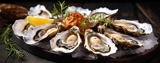 Geopende oesters met specerijen en kruiden op een leisteentafel Seafood Generative ai