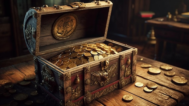 Geopende schatkist vol gouden munten Generatieve Ai