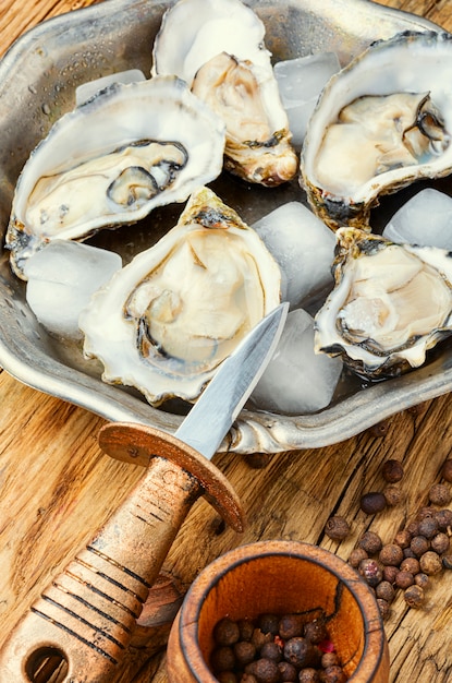 Geopende verse oesters, zeevruchten
