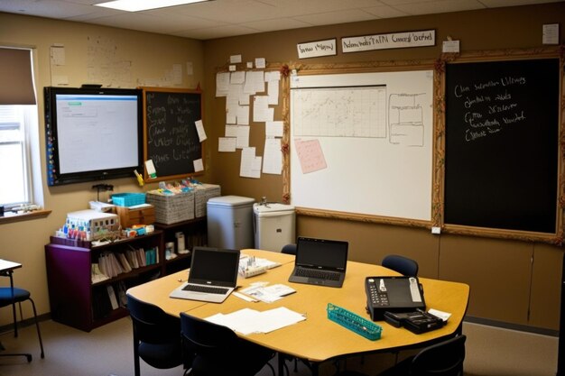 Foto georganiseerde klas met mini whiteboard markers en blackboard voor notities gemaakt met generatieve ai