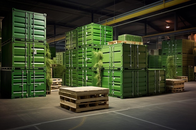 Foto georganiseerde opstelling van magazijnen met pallets en groene opslagdozen generatieve ai