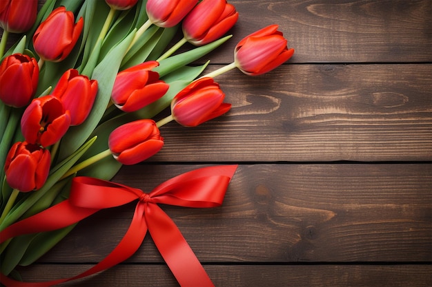 george ribbon red tulips and paper greeting card on wooden background